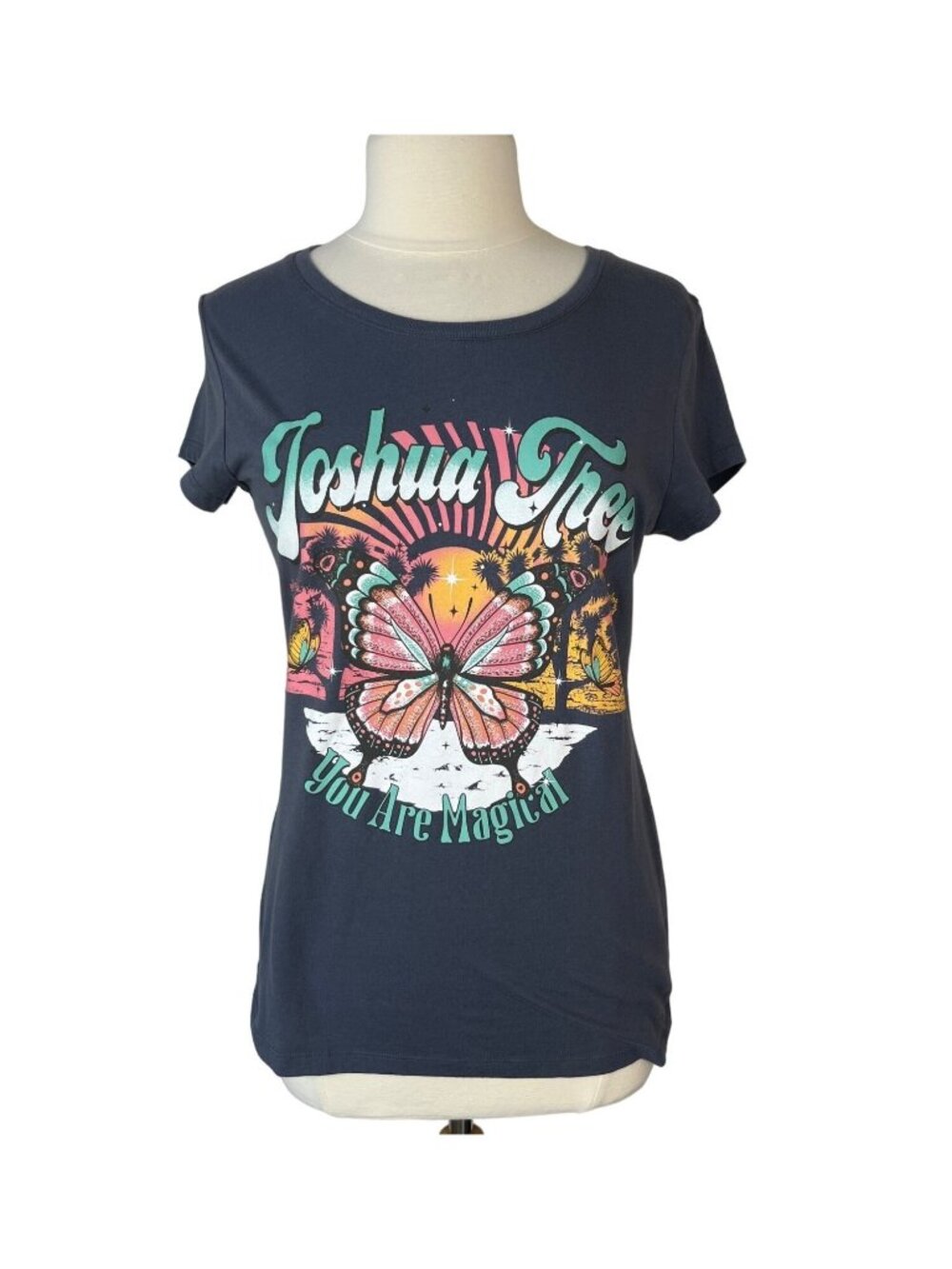 Wound Up Tshirt Joshua Tree Womens XL Gray Pink Butterfly Casual